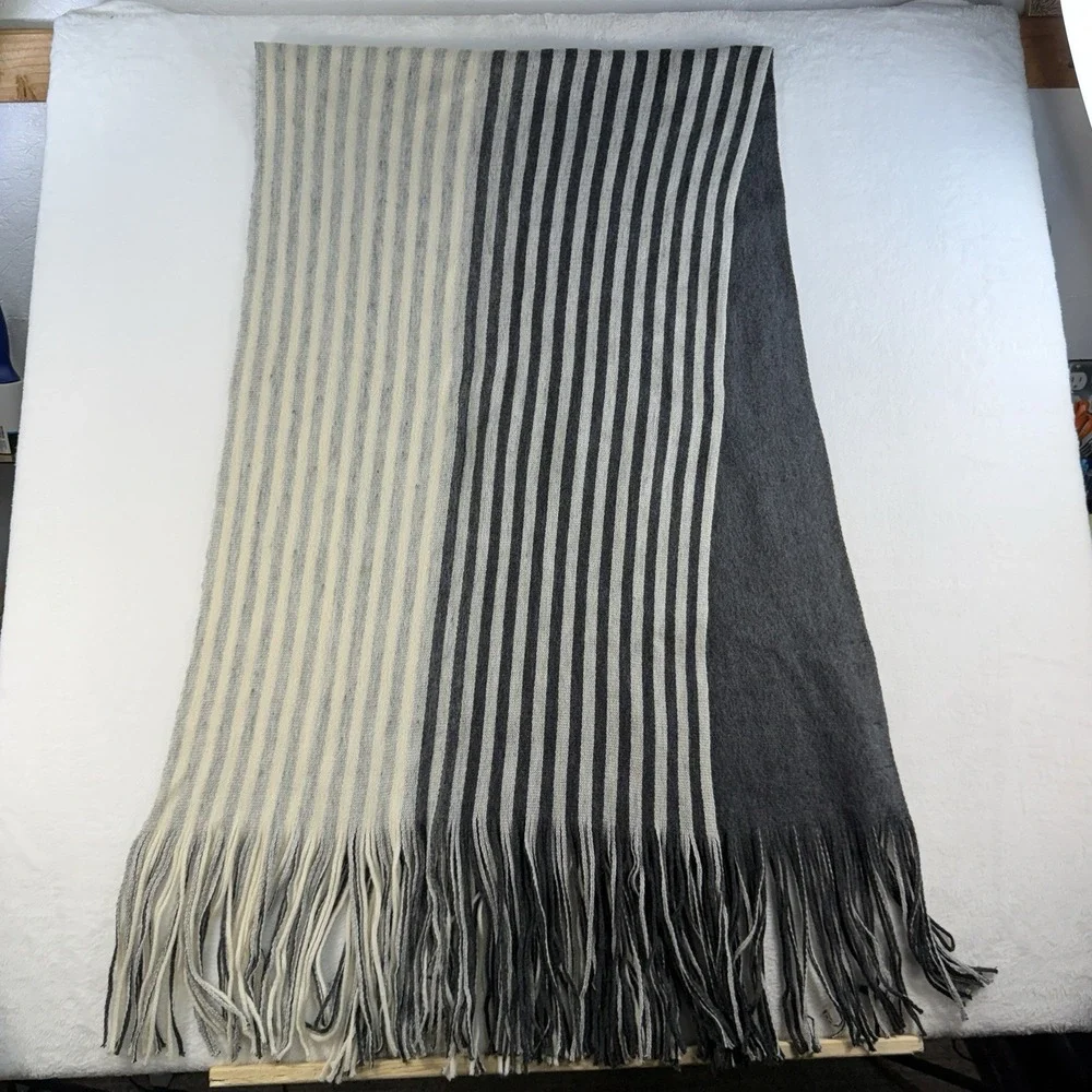 Anthropologie Long Fringed Scarf Wrap Knit Gray Striped Warm Soft Reversible NEW